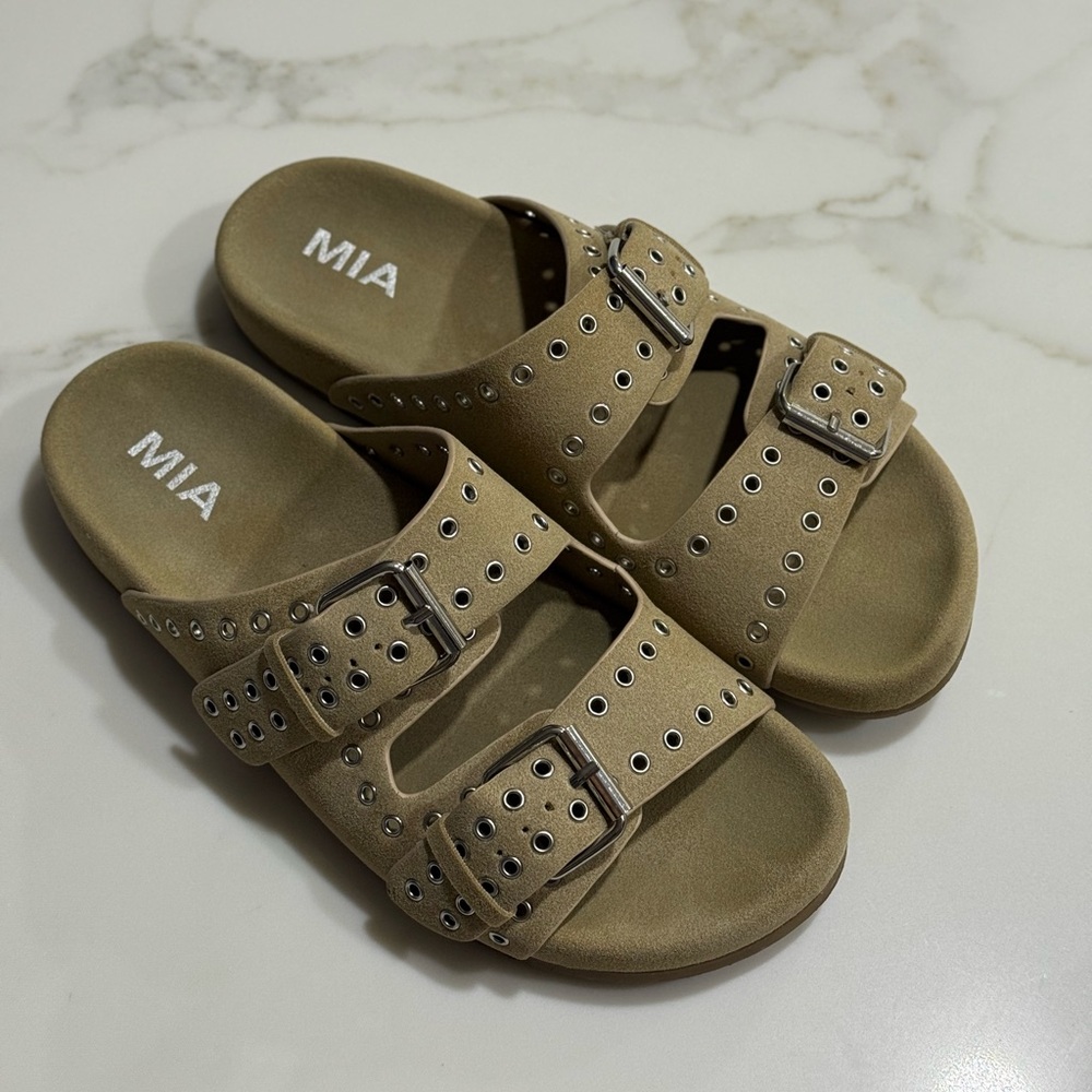 MIA Beige Buckle Slide Sandals